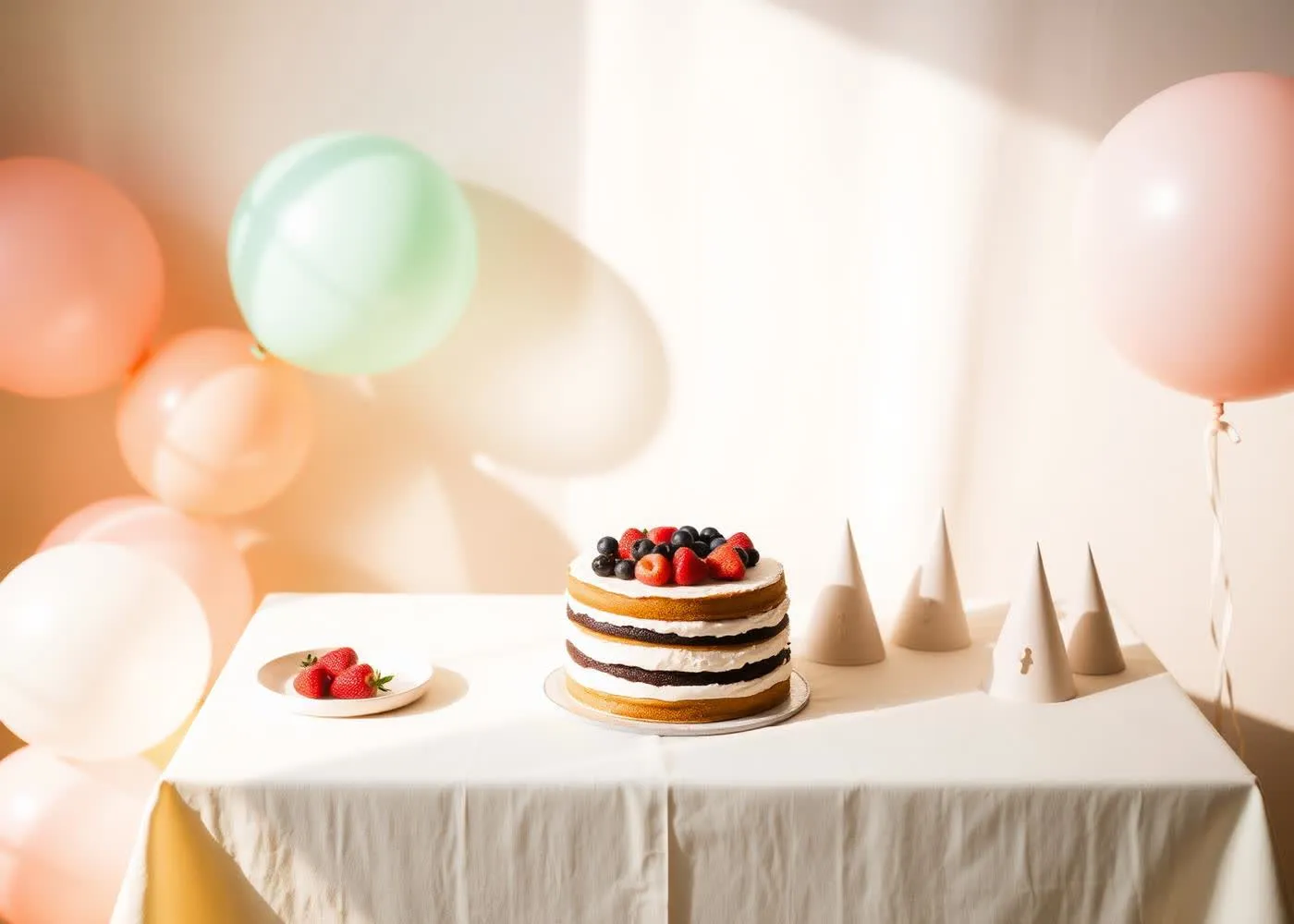 Elegant children's birthday cake with pastel balloons